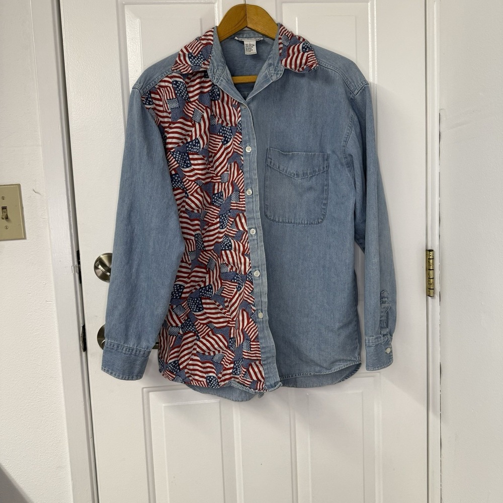 Vtg Daniel‎ Caron Womens Denim American Flag Shirt Red White Blue 90s Sz Large
